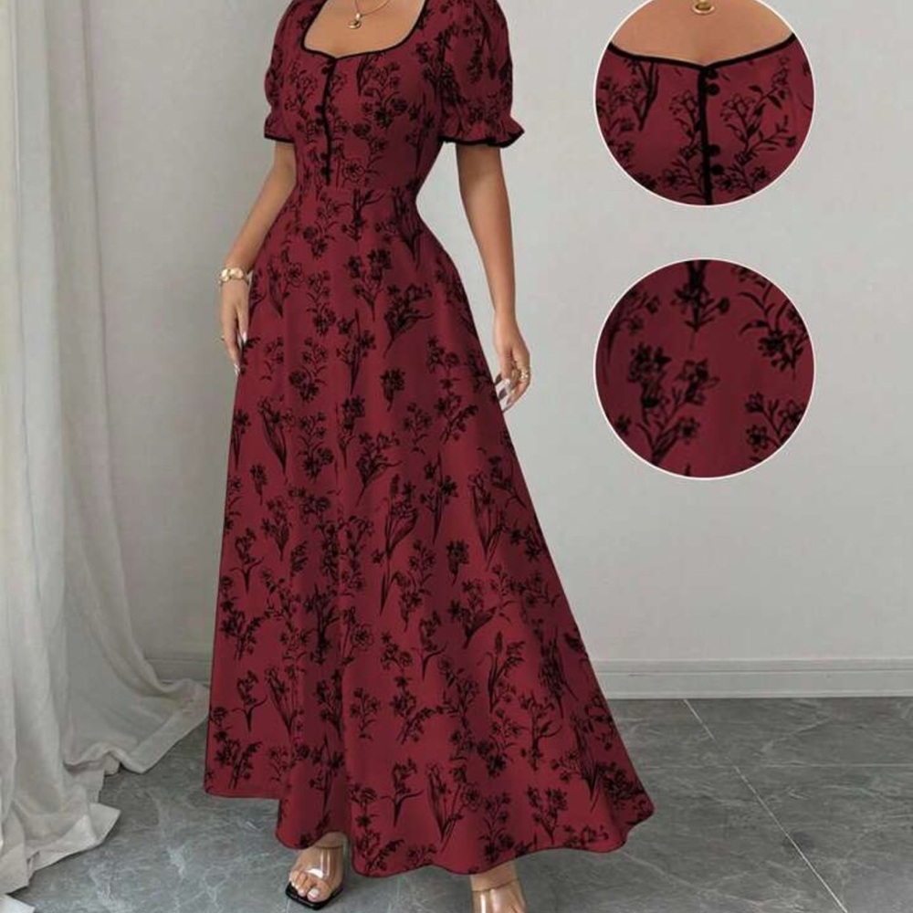 Elegant Floral Burgundy Dress